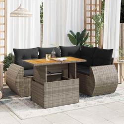 Salon de jardin 5 pcs avec coussins gris r&eacute;sine tress&eacute;e