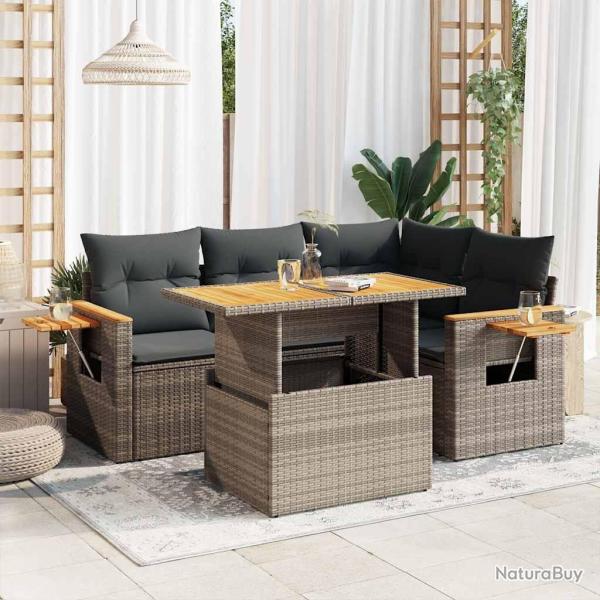 Salon de jardin 5 pcs avec coussins gris r�sine tress�e acacia