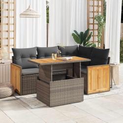 Salon de jardin 5 pcs avec coussins gris r&eacute;sine tress&eacute;e acacia