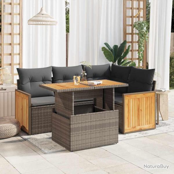 Salon de jardin 5 pcs avec coussins gris r�sine tress�e acacia