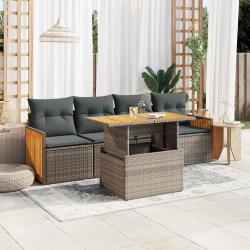 Salon de jardin 5 pcs avec coussins gris r&eacute;sine tress&eacute;e acacia