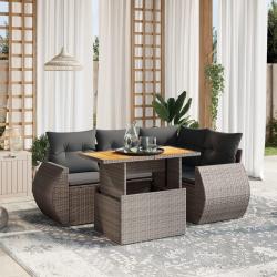 Salon de jardin 5 pcs avec coussins gris r&eacute;sine tress&eacute;e