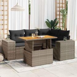 Salon de jardin 5 pcs avec coussins gris r&eacute;sine tress&eacute;e