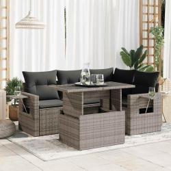 Salon de jardin 5 pcs avec coussins gris r&eacute;sine tress&eacute;e