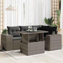 Salon de jardin 5 pcs avec coussins gris r&eacute;sine tress&eacute;e