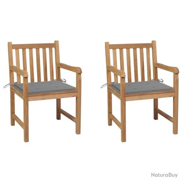 Chaises de jardin lot de 2 et coussins gris Bois de teck massif