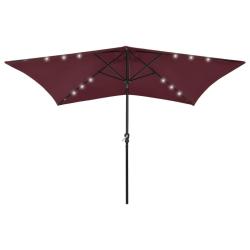 Parasol de jardin avec LED et m&acirc;t en acier rouge bordeaux 2x3 m