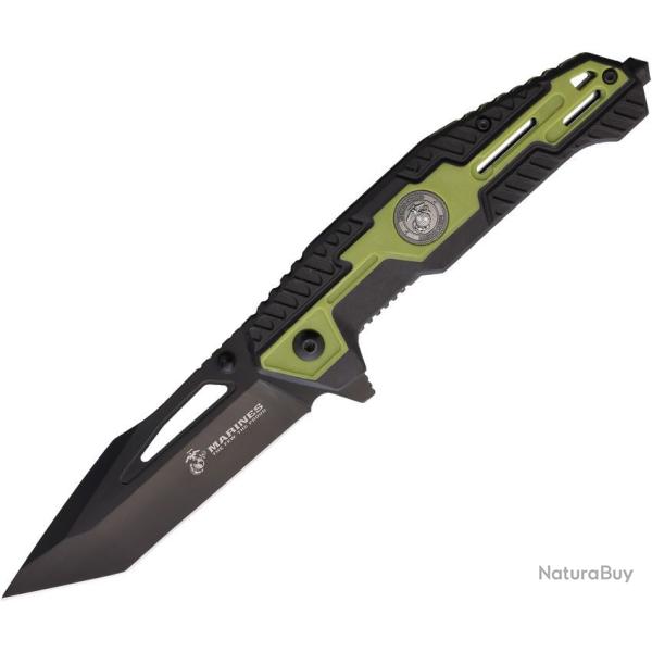 Couteau USMC Marine A/O Black/Green Lame Tanto Acier 3Cr13 Manche FRN Brise-Vitres Clip USMA3001GN