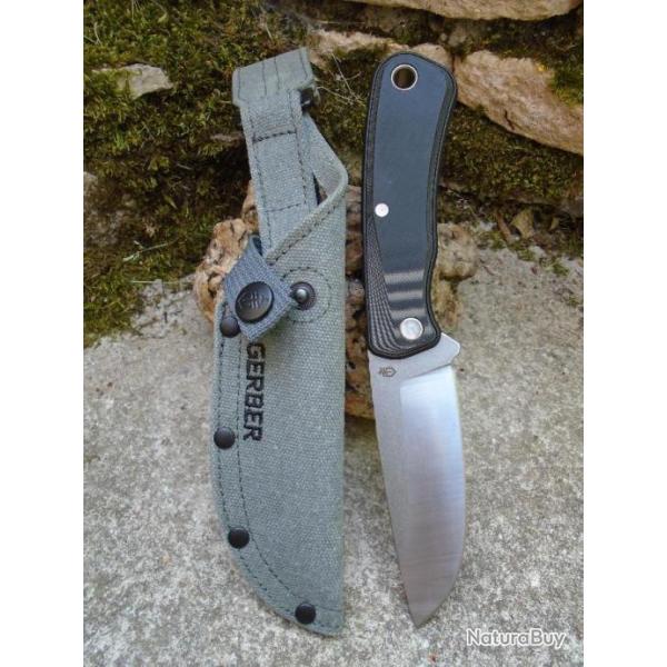 Couteau Gerber Downwind Drop Point Black Lame Acier 7Cr17MoV Manche G10 Etui Canvas