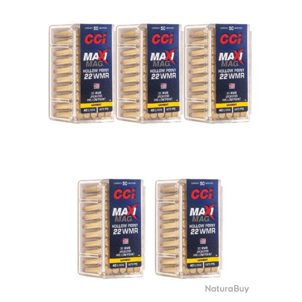 250 MUNITIONS CCI CALIBRE 22WMR Maxi Mag JHP 40 Grains - 5 Boites de 50