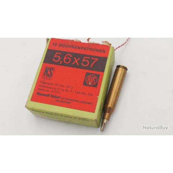 5,6X57 BOITE DE 10 CARTOUCHES RWS CALIBRE 5.6 X 57 4.8g 74 grains Categorie C Neuf