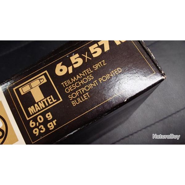 6,5X57R BOITE DE 20 CARTOUCHES RWS T MANTEL CALIBRE 6,5 X 57 R SOFT POINT 6G. 93 GRAINS Categorie C 