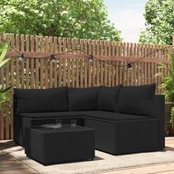Salon de jardin 4 pcs avec coussins Noir R&eacute;sine tress&eacute;e
