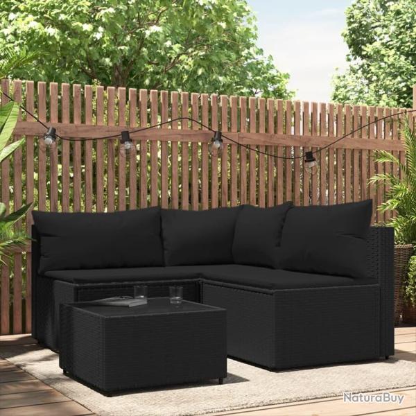 Salon de jardin 4 pcs avec coussins Noir R�sine tress�e
