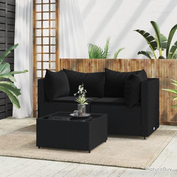 Salon de jardin 3 pcs avec coussins Noir R�sine tress�e