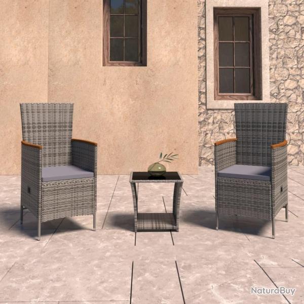 Salon de jardin 3 pcs avec coussins R�sine tress�e Gris