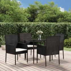 Ensemble &agrave; manger de jardin coussins 5pcs Noir R&eacute;sine tress&eacute;e
