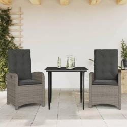 Ensemble &agrave; manger de jardin 3 pcs coussins gris r&eacute;sine tress&eacute;e