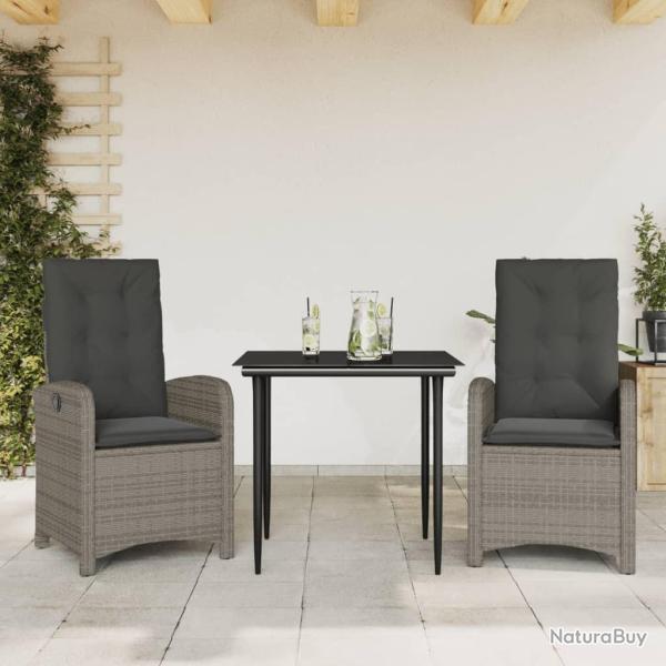 Ensemble � manger de jardin 3 pcs coussins gris r�sine tress�e