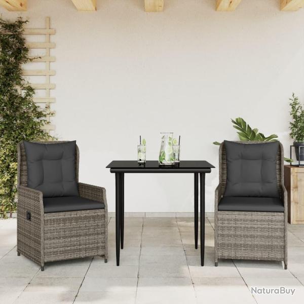 Ensemble � manger de jardin 3 pcs coussins gris r�sine tress�e