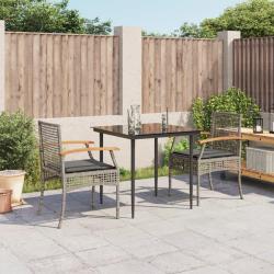 Ensemble &agrave; manger de jardin 3 pcs coussins gris r&eacute;sine tress&eacute;e