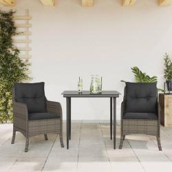 Ensemble &agrave; manger de jardin 3 pcs coussins gris r&eacute;sine tress&eacute;e