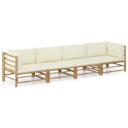 Salon de jardin 4 pcs avec coussins blanc cr&egrave;me bambou