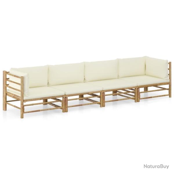 Salon de jardin 4 pcs avec coussins blanc cr�me bambou