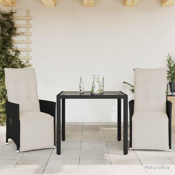 Ensemble de bistro 3 pcs avec coussins noir r�sine tress�e