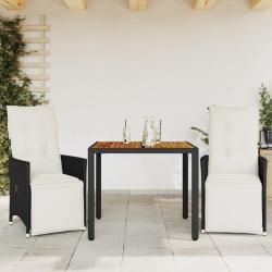 Ensemble de bistro 3 pcs avec coussins noir r&eacute;sine tress&eacute;e