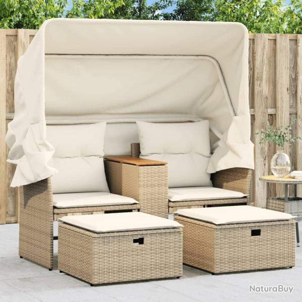 Canap� de jardin 2 places avec auvent et tabourets beige rotin
