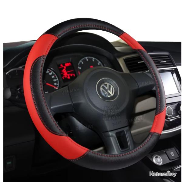 Couvre Volant Universelle en Cuir PU Housse Style Fibre de Carbone 37-38 cm Antidrapante Rouge