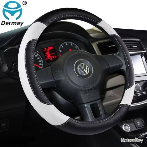 Couvre Volant Universelle en Cuir PU Housse Style Fibre de Carbone 37-38 cm Antidrapante Blanc