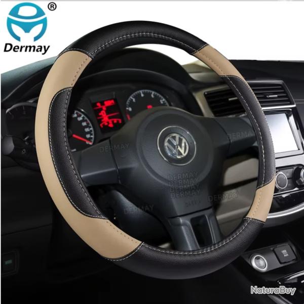 Couvre Volant Universelle en Cuir PU Housse Style Fibre de Carbone 37-38 cm Antidrapante Beige