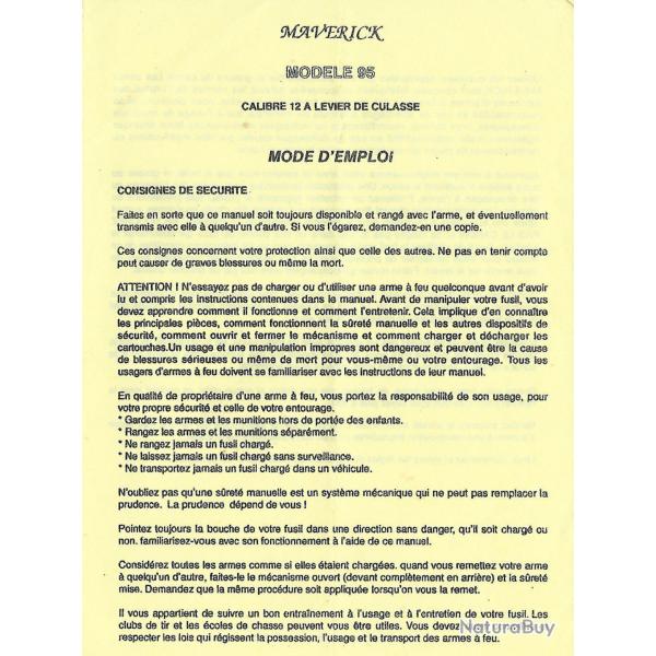 Scan du manuel d'utilisation Mossberg Maverick 95 calibre 12  verrou