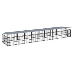 Chenil cage enclos pac animaux d'ext&eacute;rieur avec toit pour chiens acier 16,89 m&sup2; noir 02_0041750
