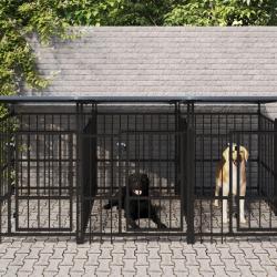Chenil cage enclos pac animaux d'ext&eacute;rieur avec toit pour chiens acier 11,26 m&sup2; noir 02_0041736