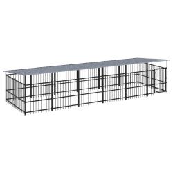 Chenil cage enclos pac animaux d'ext&eacute;rieur avec toit pour chiens acier 11,26 m&sup2; noir 02_0041734