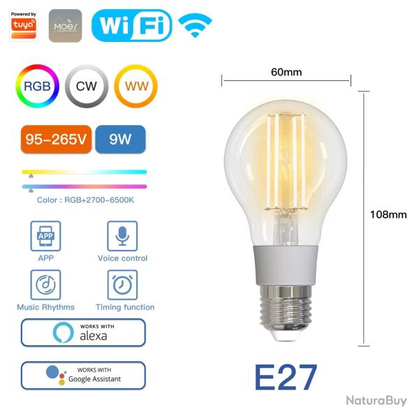 AMPOULE LED E27 WIFI CONNECTEE 9W ALEXA GOOGLE HOME MOES APP NEUF IOS ANDROID