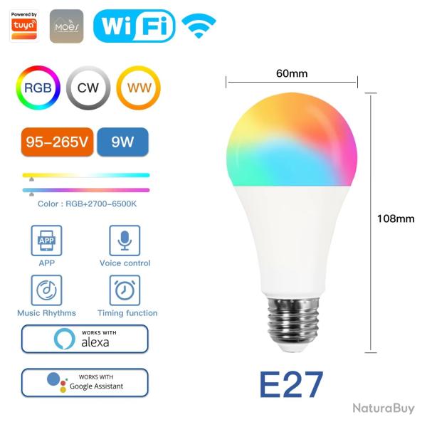 AMPOULE LED E27 COLORE WIFI CONNECTEE 9W ALEXA GOOGLE HOME MOES APP NEUF IOS ANDROID