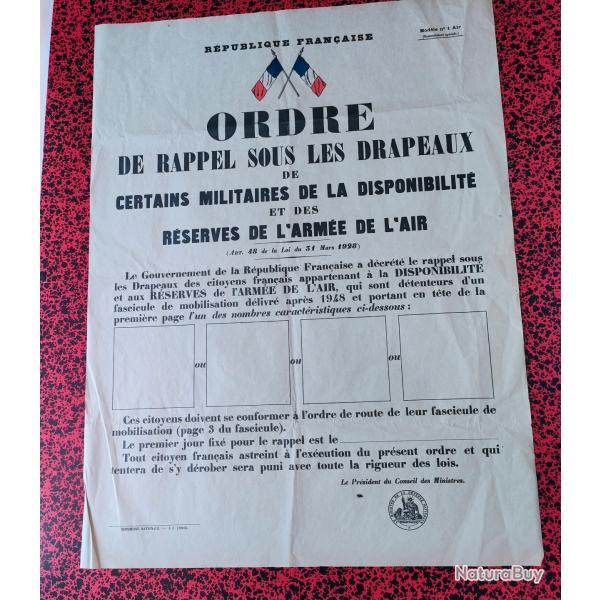 AFFICHE ORDRE DE RAPPEL SOUS LES DRAPEAUX DISPONIBILITE ET RESERVES ARMEE DE L'AIR LOI DE 1928