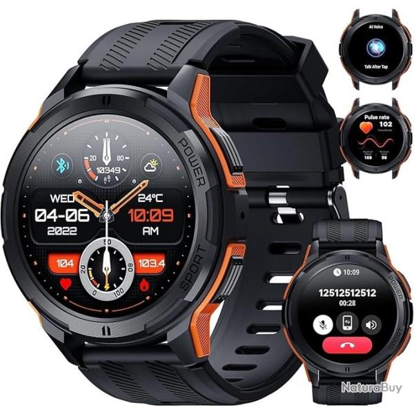 Montre Connecte AMOLED Homme Femme cran HD pouces Appels Bluetooth  Sport et Sant tanche Orange