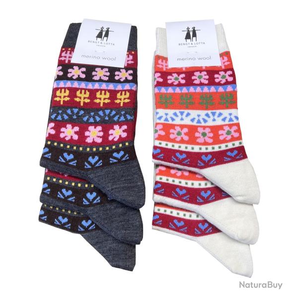 Chaussettes m�rinos 78 joie nordique de cr�ateur fleurs color�es blanc �cru 35/39
