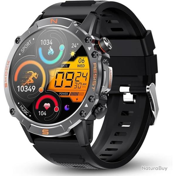 Montre Connect�e Homme Robuste Ecran AMOLED 1.43 Pouces Sport Sant� Appels Bluetooth Etanche Noir
