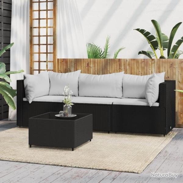 Salon de jardin 4 pcs avec coussins Noir R�sine tress�e