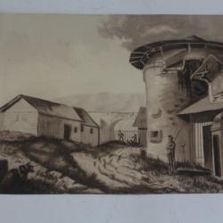 Dessin original Lavis Bastion Porte charbons Zurich Suisse XIXe si&egrave;cle