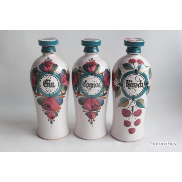 3 Bouteilles liqueur c�ramique Gin Cognac Kirsch Luzerne Suisse