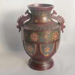 Ancien Vase bronze émaux champlevés Japon