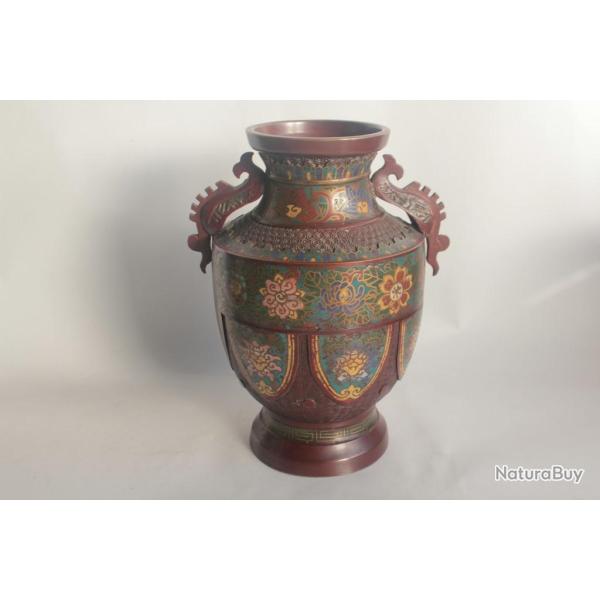 Ancien Vase bronze �maux champlev�s Japon