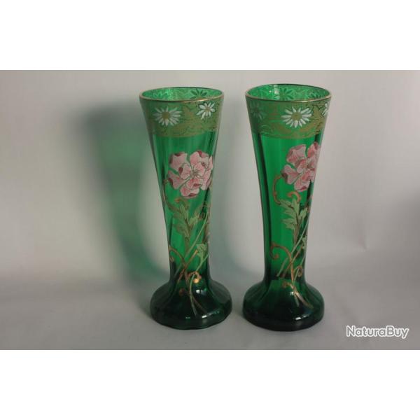LEGRAS-MONTJOYE Paire Vases vert verre �maill� Fleurs Art Nouveau